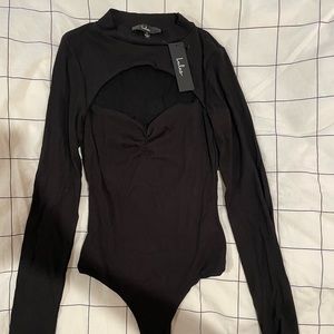Lulus Black Ribbed Cutout Bodysuit